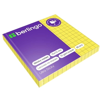 Бумага с лип.слоем 75*75мм Berlingo Ultra Sticky цвет желтый неон в клетку 80л.