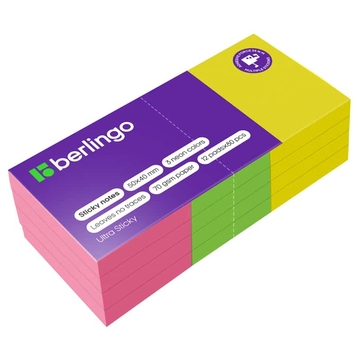 Бумага с лип.слоем 50*40мм Berlingo Ultra Sticky 3 цвета неоновых 12 штук по 80л