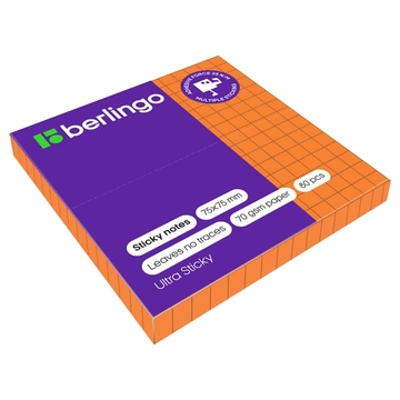 Бумага с лип.слоем 75*75мм Berlingo Ultra Sticky цвет оранжевый неон в клетку 80л